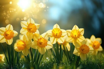 Fototapeta premium Vibrant Daffodils in a Sunny Green Field