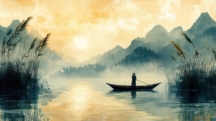 Serene landscape of a lone fisherman in a boat at sunset