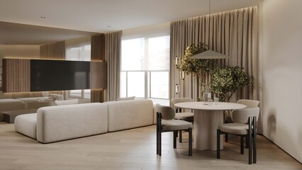 Scandinavian home living room interior with sofa and dining table, shelf and drawer, coffee table...