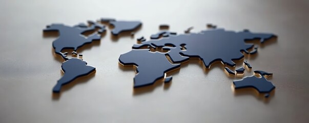 Fototapeta premium Abstract black world map on neutral background with raised continent shapes