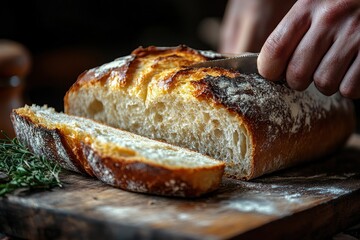 Fresh Whole Wheat Bread Slicing with Hand on Wooden Board Rustic Kitchen Setting