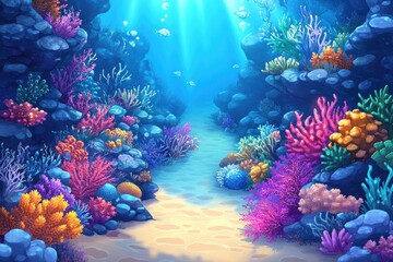 Vibrant Cartoon Underwater Coral Reef Fantasy Scene with Colorful Marine Life and Dreamy Lighting