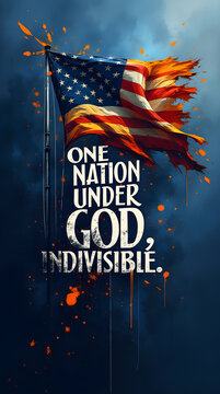 Dramatic depiction of a tattered american flag with bold text emphasizing unity and faith, set against a dynamic, colorful backdrop