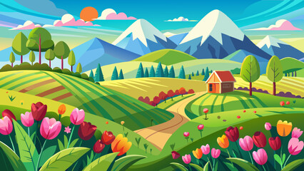 Idyllic spring landscape with rolling green hills and tulip flowers