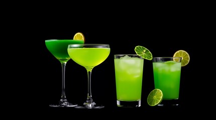Colourful green cocktails isolated against black