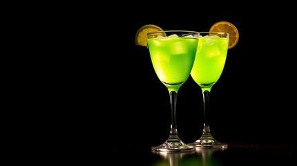 Colourful green cocktails isolated against black