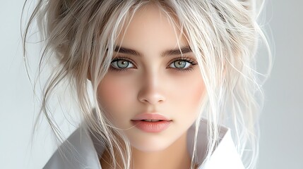 A captivating, ultra-realistic photograph of a professional female doctor in a high-end cosmetic clinic. Her blonde hair is neatly styled, and her white coat is spotless. The soft lighting creates 