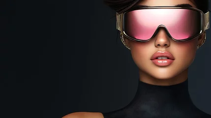 A contemporary, high-detail fashion editorial shot featuring a stylish young woman in a ski helmet and pink-tinted goggles. Her luxurious black jumpsuit and golden accessories shine against  © tonpreecha