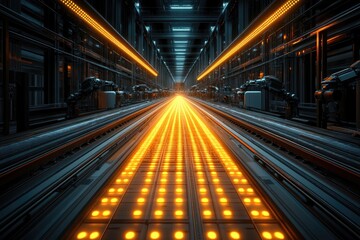 Fototapeta premium Futuristic Industrial Conveyor with Illuminated Robotic Arms Inside a High-Tech Factory