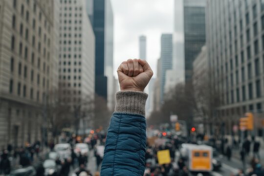 Protester raising fist at demonstration in New York City