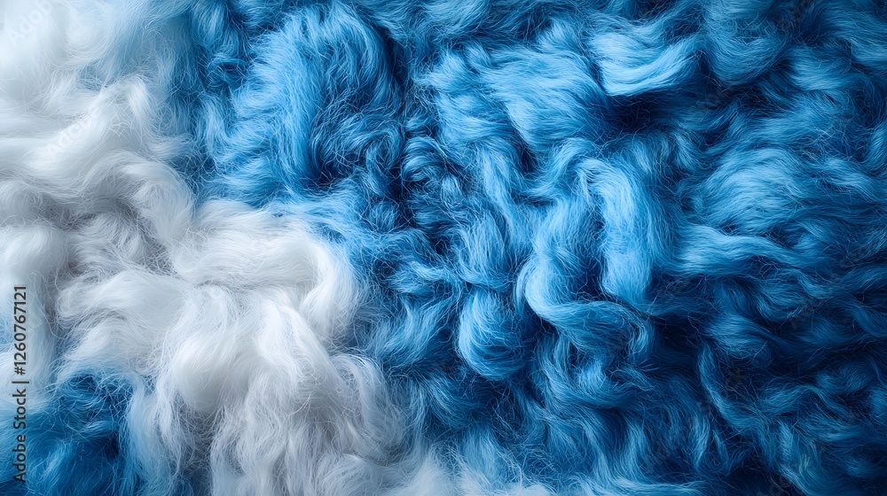Poster Close-up view of a soft, fluffy texture with blue and white tones. Abstract art. Macro Texture Backgrounds Abstract Blue and White Yarn Fur Texture: A Serene Blend of Colors.