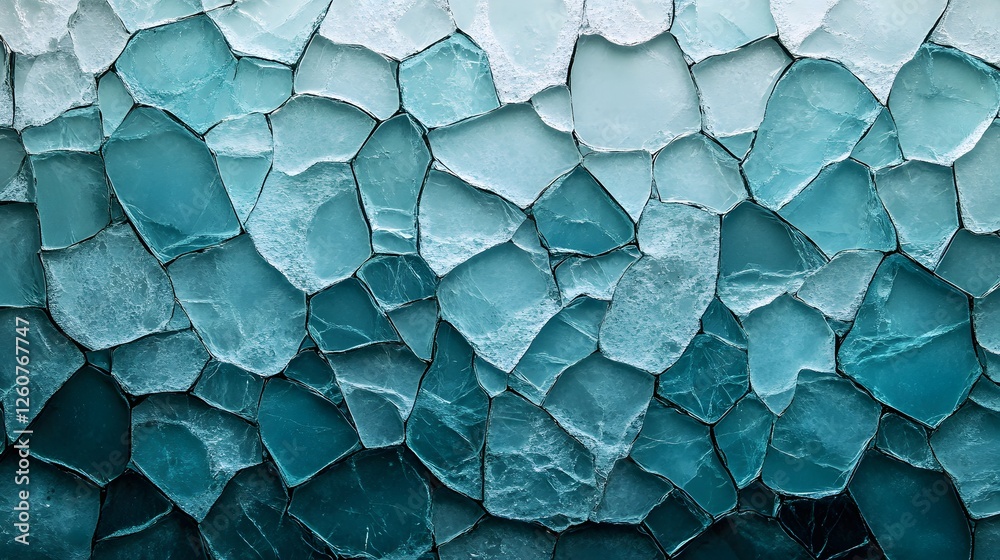 Poster Mesmerizing teal glass mosaic. Intricate details and gradient color variations create a stunning visual texture. Frosted glass surface. Abstract Teal Mosaic: A mesmerizing fragmented teal glass