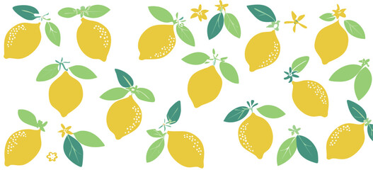 Botanic seamless pattern with yellow lemons and lemon slices. Hand drawn lemons pattern on white background. Fruit repeated background. Vector bright print for fabric, wallpaper, design, party paper.