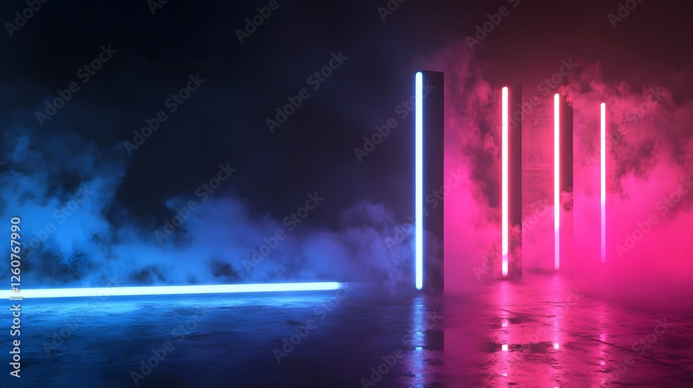 Poster Abstract futuristic cityscape with glowing neon lights and colorful digital patterns reflected on a dark surface creating a modern surreal and atmospheric nighttime scene