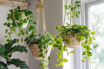 Fototapeta premium Plants in pots hanging on the windowsill. Home gardening concept.