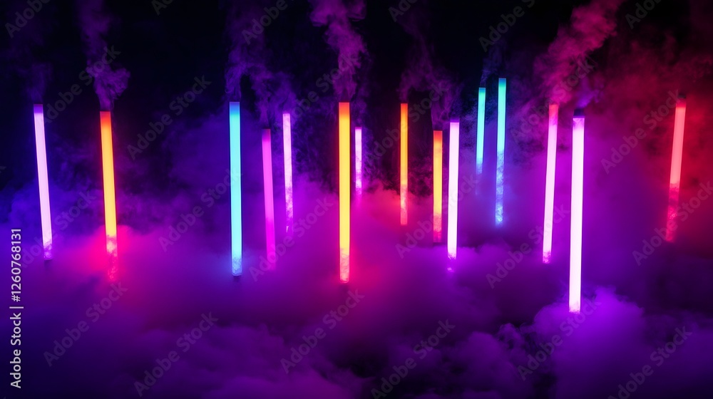 Poster Abstract neon lights burst with vivid colorful and futuristic energy in this dynamic 3D digital render  The glowing luminescent explosion creates a surreal