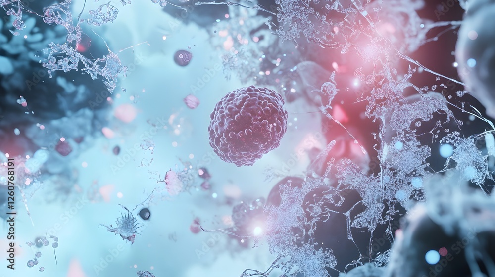 Poster Abstract glowing microscopic view of virus particles or cells with futuristic digital energy effect  Scientific or medical research concept background with technological data and science theme