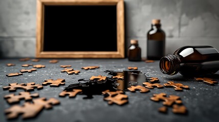 A spilled bottle of liquid among scattered puzzle pieces on a textured surface with a blank frame