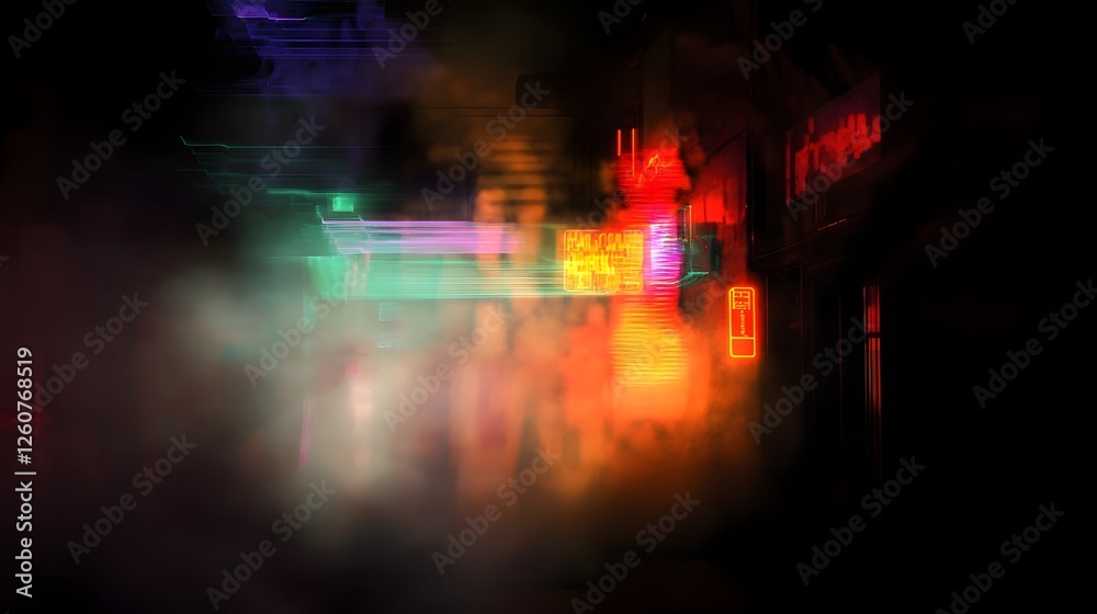 Poster Blurred and vibrant nighttime cityscape with neon lights glowing architecture and a sense of energy and movement in the urban environment  A captivating and mysterious urban scene full of color