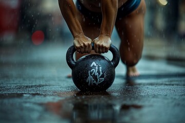Fototapeta premium Woman Kneeling With Kettlebell In Rainy City