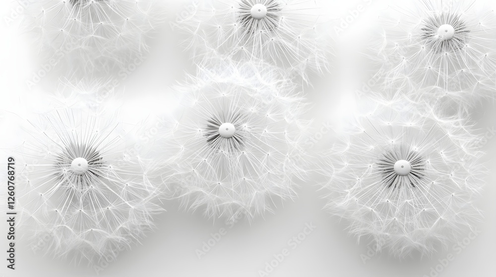 Aufkleber Close-up shot of several fluffy dandelion seed heads against a plain white background. A monochromatic image emphasizing the details. Macro Texture Backgrounds Fluffy Dandelion Texture.