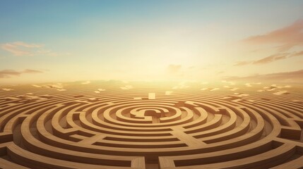 Intricate circular maze puzzle in a green field, challenge your mind with this outdoor labyrinth adventure