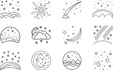 Celestial Night Sky Icons Stars, Moon, Comet, Rainbow, Landscape