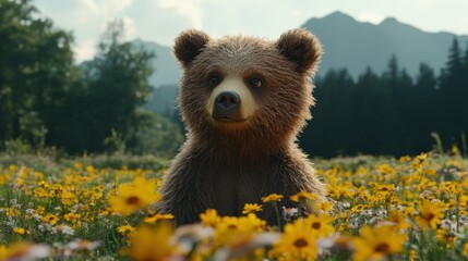 Fototapeta premium Bear Cub Meadow Mountain Wildlife Spring