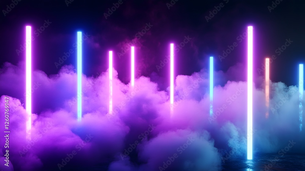 Poster Breathtaking display of neon lights piercing through a surreal otherworldly skyscape filled with ethereal clouds and a dramatic captivating atmosphere  This futuristic
