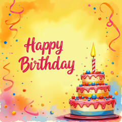 Birthday card with a three-tiered cake in the bottom right corner, featuring pink icing, colorful balls, and a lit candle on top, set against a yellow background with confetti and streamers.
