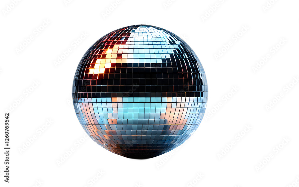 Poster a large disco ball reflecting light, isolated on a empty plain background