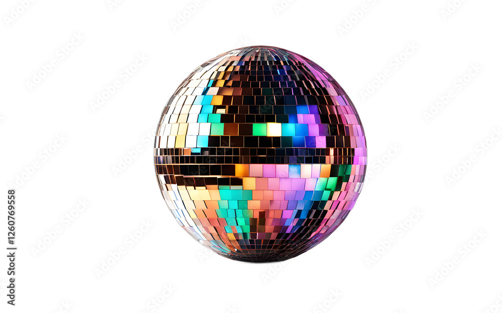 Poster a large disco ball reflecting light, isolated on a empty plain background