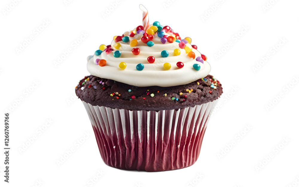 Poster a party cupcake with a themed decoration on top, isolated on a empty plain background