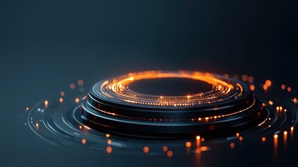 Futuristic abstract circular pattern with glowing orange lights on dark background
