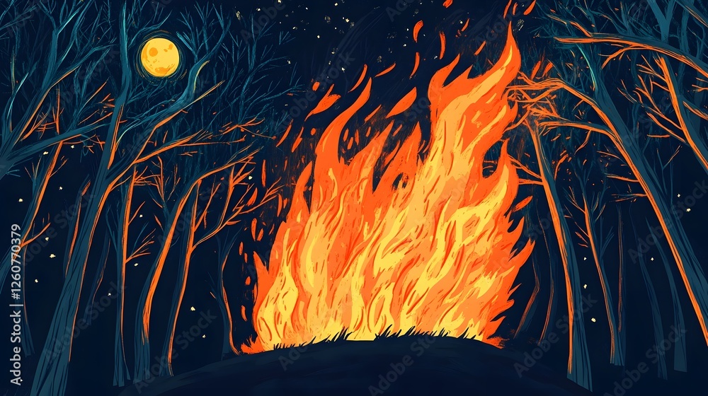 Leinwandbilder breathtaking scene of a roaring bonfire in the heart of a dense shadowy forest casting a mesmerizing