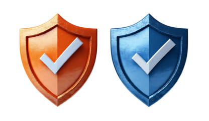 Isolated on a transparent background, image of two shields, one blue and one orange, each with a checkmark. Symbol of protection, security. high resolution PNG file
