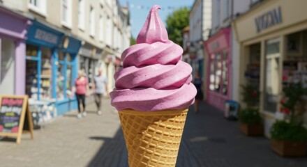 Close-up of pink soft serve ice cream on cone in vibrant street setting