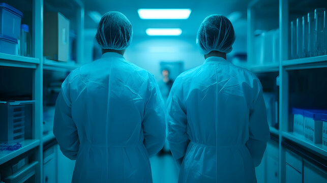 Scientific research action laboratory environment professionals in white coats clinical setting perspective on research health innovations