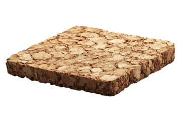 Piece of rectangular cork board with textured surface, isolated on transparent background. high resolution PNG file