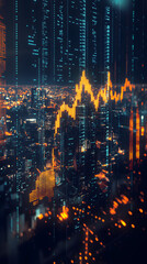 Obraz premium Cinematic shot of a holographic stock market chart, with a dark city background
