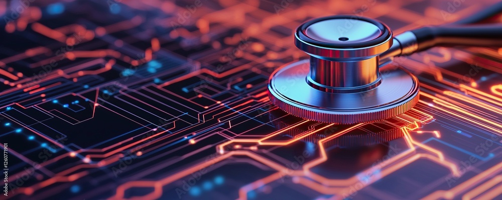 Aufkleber stethoscope and digital health chart concept. stethoscope on a digital circuit board, symbolizing he