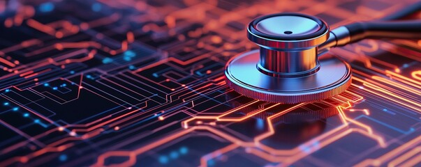 Stethoscope and digital health chart concept. Stethoscope on a digital circuit board, symbolizing healthcare technology.