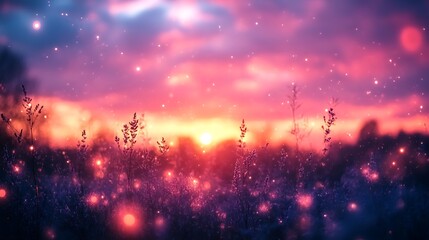 Magical Sunset Field with Glowing Plants and Dust