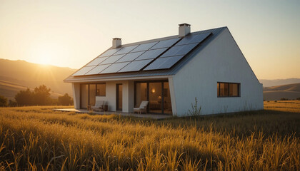 Obraz premium Small energy-efficient house with solar roof panels