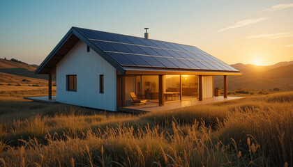 Obraz premium Small energy-efficient house with solar roof panels