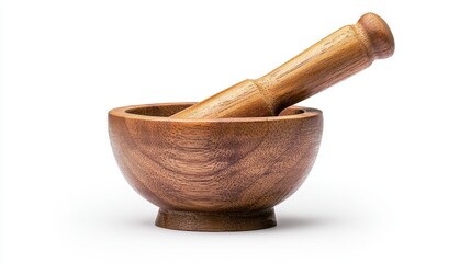 Wooden Mortar and Pestle Set for Cooking and Herbal Remedies on White Background