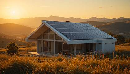 Fototapeta premium Small energy-efficient house with solar roof panels