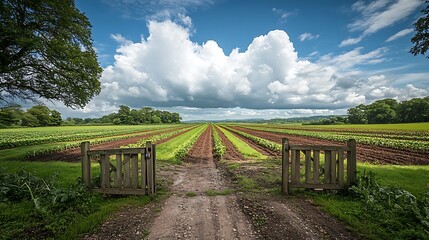 Fototapeta premium Rural farmland gate, sunny day, cloud, fields
