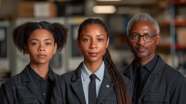 African american team of professionals in industrial uniforms portrait image. Teamwork and expertise in workshop picture photorealistic. Organizational culture concept photo realistic