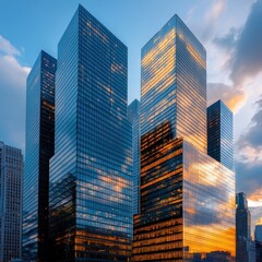 Obraz premium Modern Glass Buildings Reflecting Sunset in Urban Cityscape